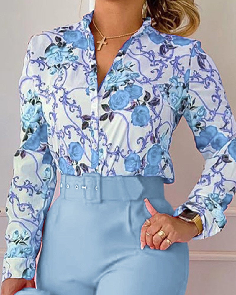 Floral/Geometric/Baroque/Colorblock Gradient Print Long Sleeve Blouse + Solid Color Pants w/ Belt 2-Piece Office Attire Set