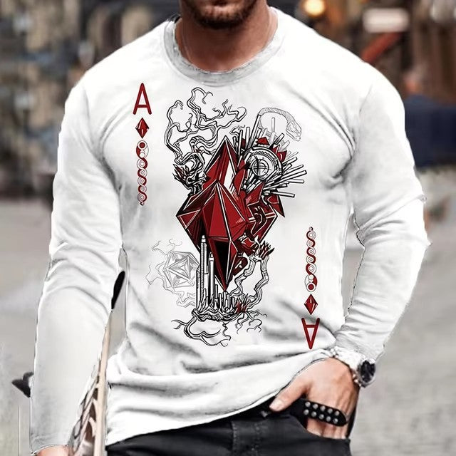 Men's Hip-Hop 3D Striped/Solid Playing Card Letter Digital Print Long Sleeve T-Shirt