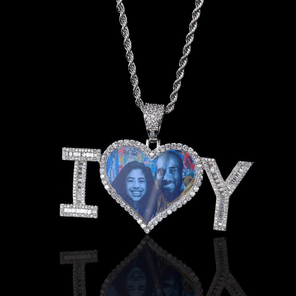 Customized Cubic Zirconia Letter Patchwork Heart Photo Pendant Chain Necklace