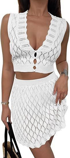 Crochet Swimsuit Cover-Up Sleeveless V-Neck Crop Top + Mini Skirt Women's 2-Piece Set