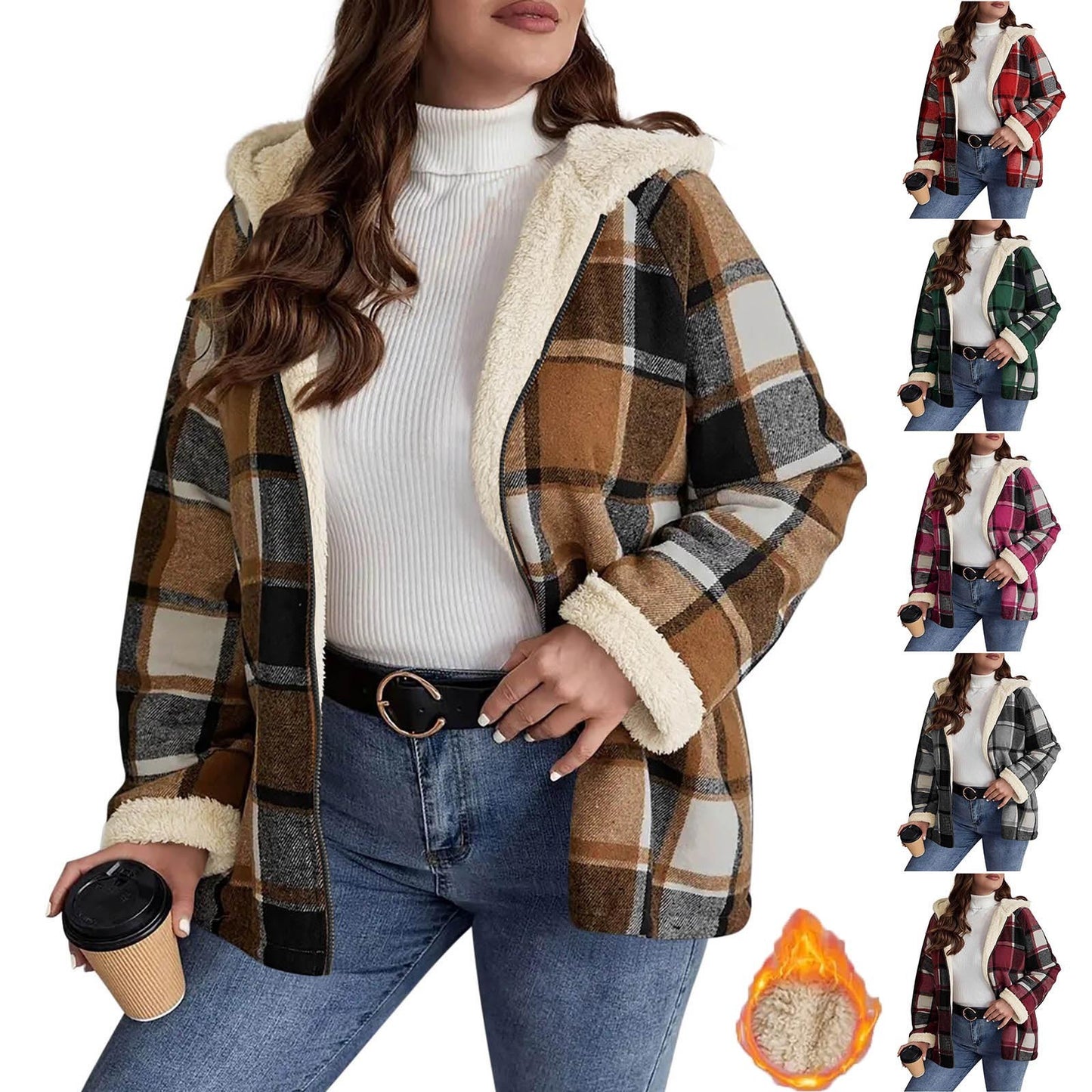 Plaid Print Fleece Lined Thick Women's Hoodie Jacket