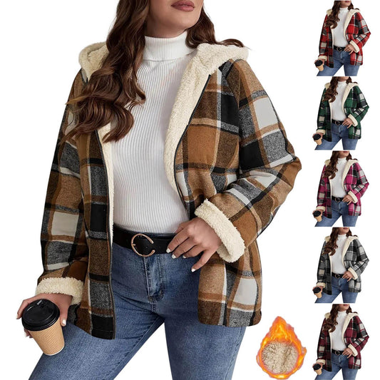 Plaid Print Fleece Lined Thick Women's Hoodie Jacket