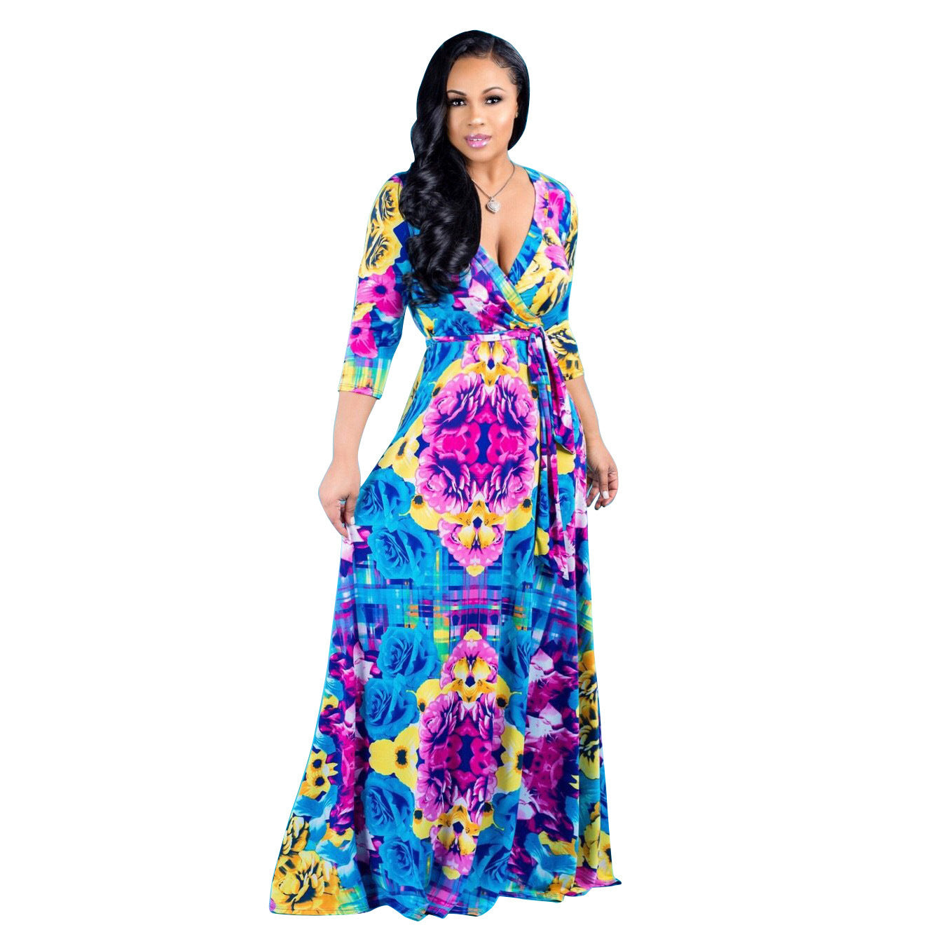 Tropical/Floral/Colorblock/Baroque Print V-Neck Long Sleeve Maxi Dress to 5X Plus Size