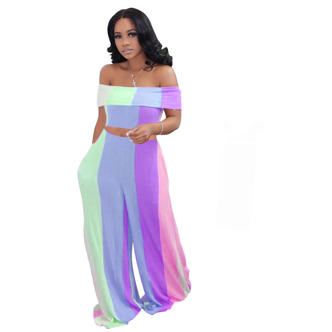 Pastel Striped Colorblock Women's Off-the-Shoulder Crop Top + Wide Leg Loose Leggings 2-Piece Set to 4X Plus Size