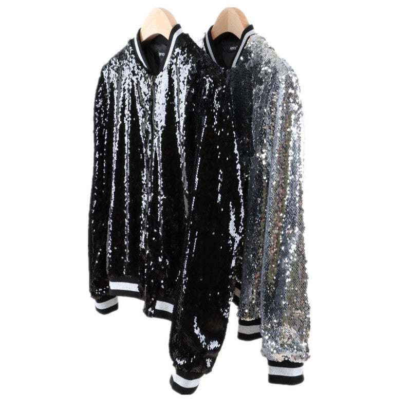 Sequin Black/Silver Striped Hem O-Neck Women's Long Sleeve Baseball Bomber Jacket