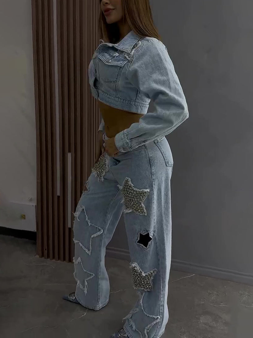 Denim Embellished Star Tassel Fringe Pattern Light Blue Diamond Patchwork Long Sleeve Crop Jean Jacket + Streetwear Jeans Women's 2-Piece Set
