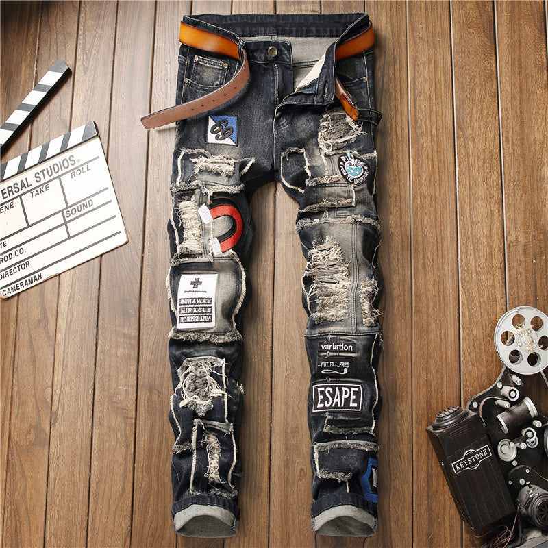 Men's Hip-Hop Badge Patchwork Design Ripped Fringe Skinny Jeans