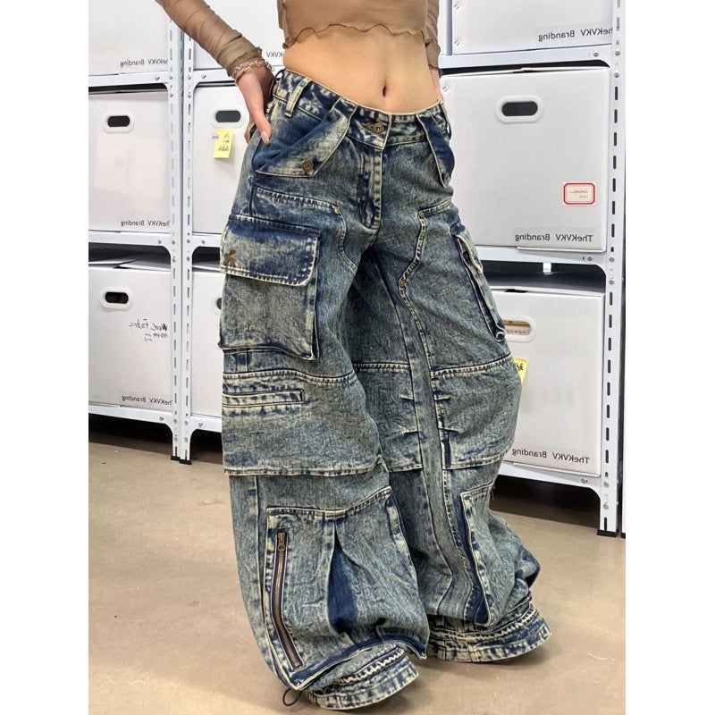 Faded Denim Baggy Multi-Pocketed Reverse Zipper Design Women's Hip-Hop Streetwear Cargo Jeans to 4X Plus Size