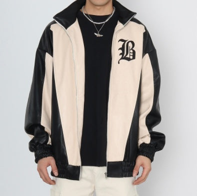 Men's PU Leather Letter Print Hip-Hop Colorblock  Contrast Patchwork Embroidered Bomber Jacket