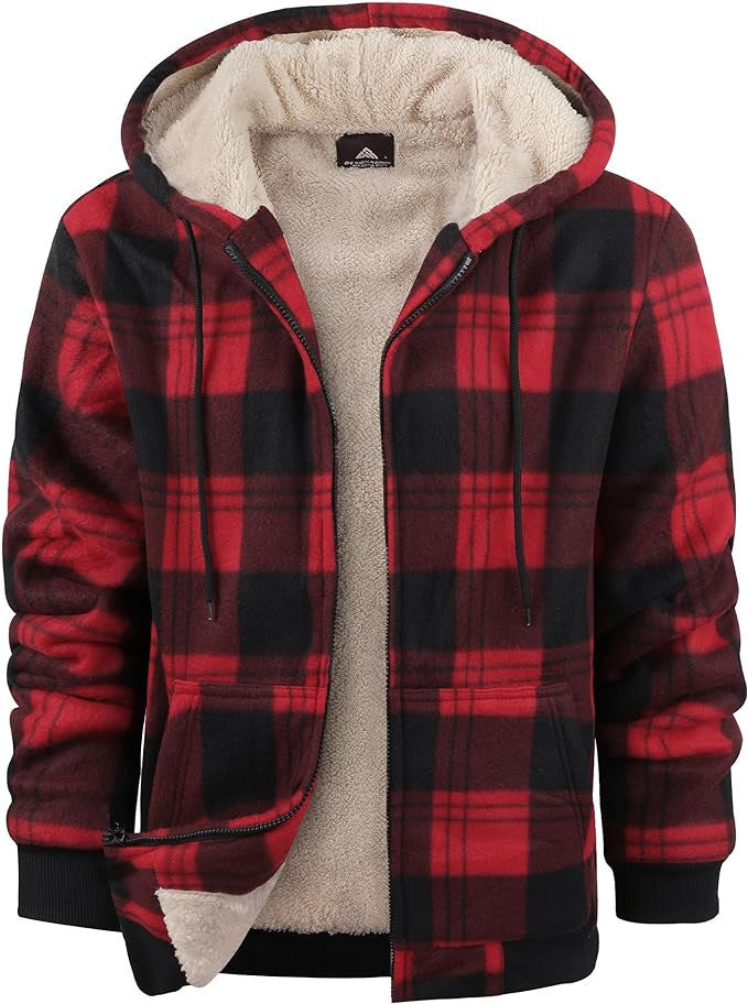 Men's Plaid Print Fleece Lined Hoodie Zipper Jacket