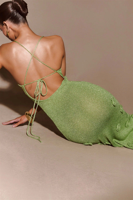 Knitted Crochet Flower Embroidered Glitter Sleeveless Spaghetti Strap Maxi Dress