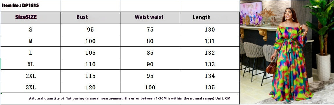 Geometric Multi-Colored Print Off-the-Shoulder Bubble Sleeve Flared Maxi Dress to 3X Plus Size