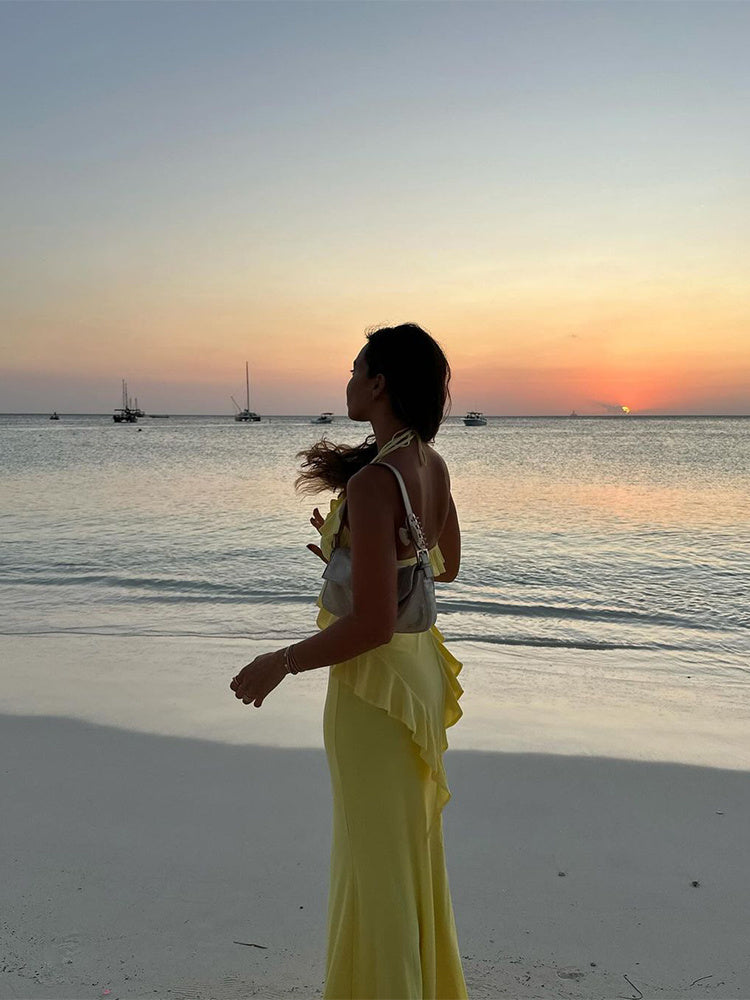 Yellow Rose Flower Embroidered Ruffled Halter Neck Spaghetti Strap High Waist Maxi Dress