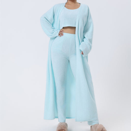 Women's 3-Piece Pajamas Sleepwear Set: Open Solid Color Maxi Cardigan Robe, Sleeveless Cami Top + Leggings