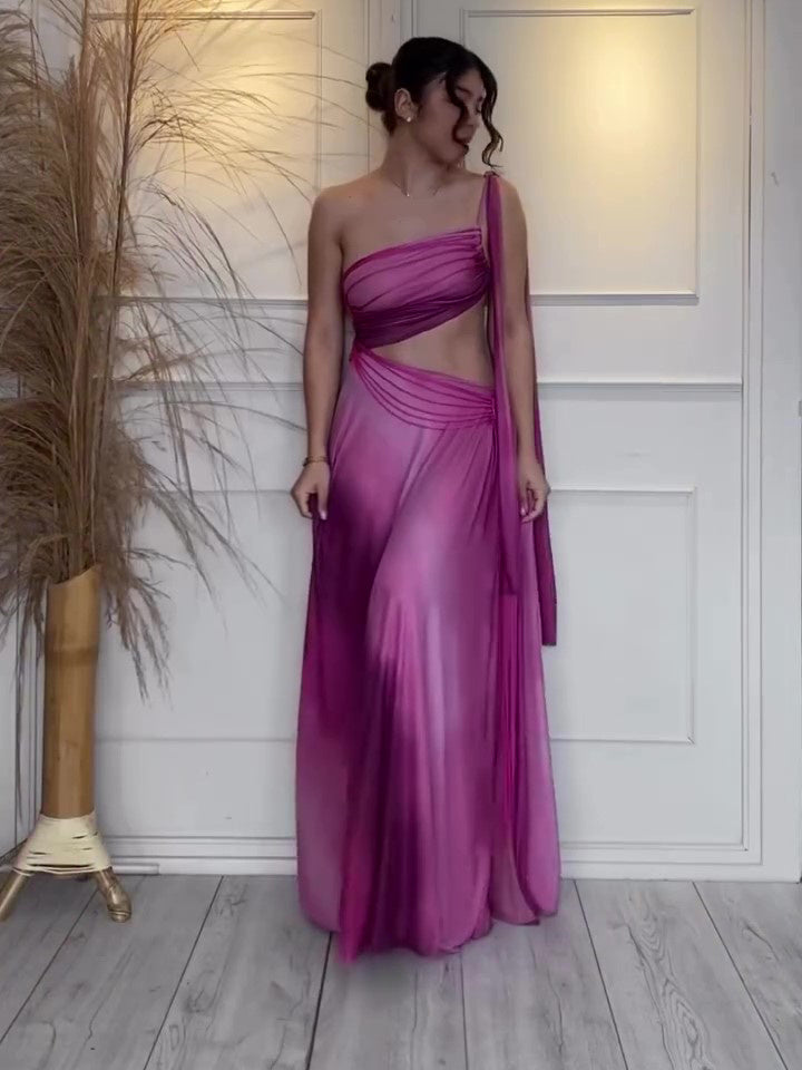 Purple Gradient Colorblock Hollow-Out Asymmetrical One Shoulder Formal Maxi Dress