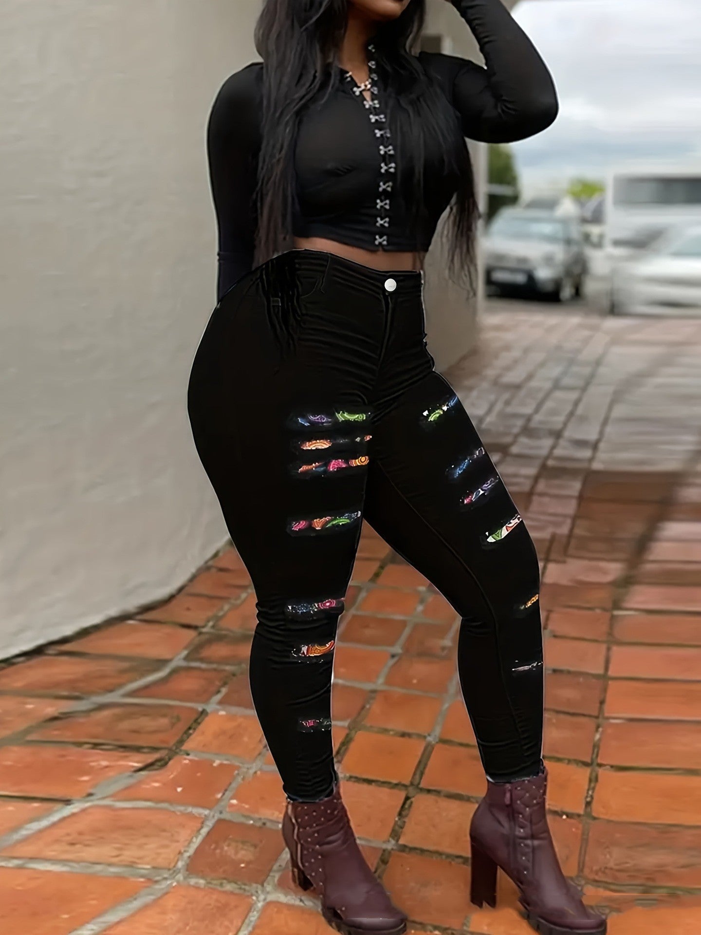 Denim Black Women's Hollow-Out Patch Hole Design Skinny Jeans to 4X Plus Size