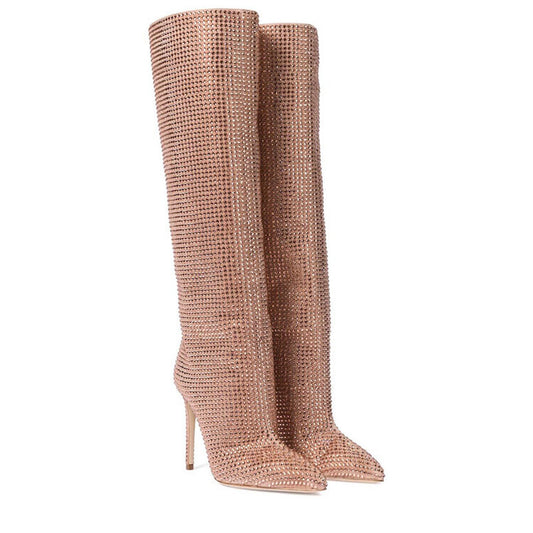 Glitter Rhinestone Women's Pointed Toe Stiletto Knee-High Boots