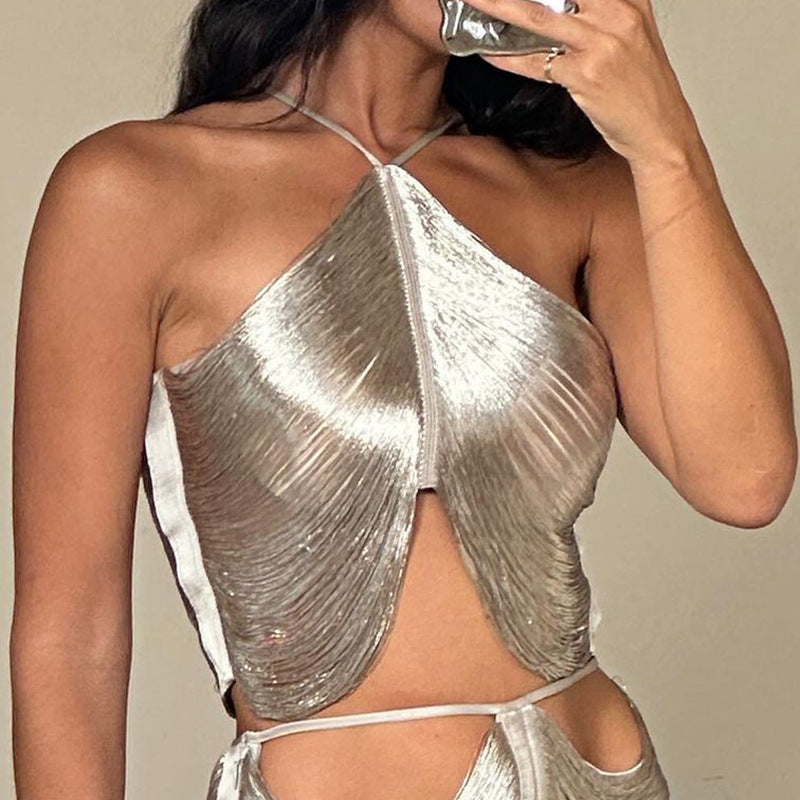 Metallic Women's Tassel Fringe Halter Spaghetti Strap Crop Tank Top