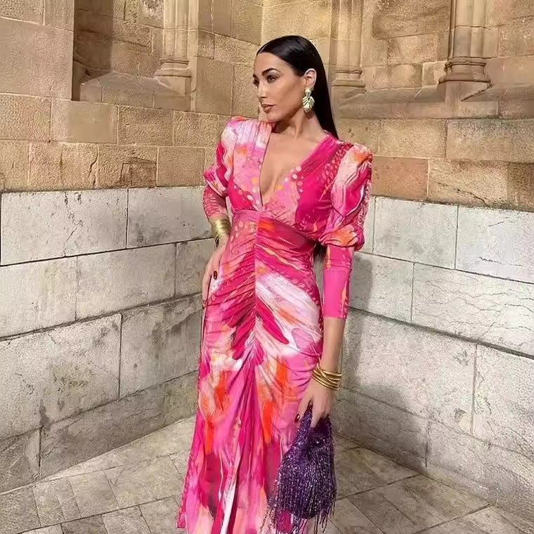 Ruched Pleated Floral Print Deep V-Neck Long Sleeve Maxi Dress