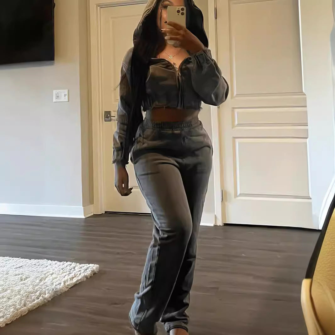 Cropped Solid Color Women's Zipper Hoodie Sweatshirt + Sweatpants Tracksuit