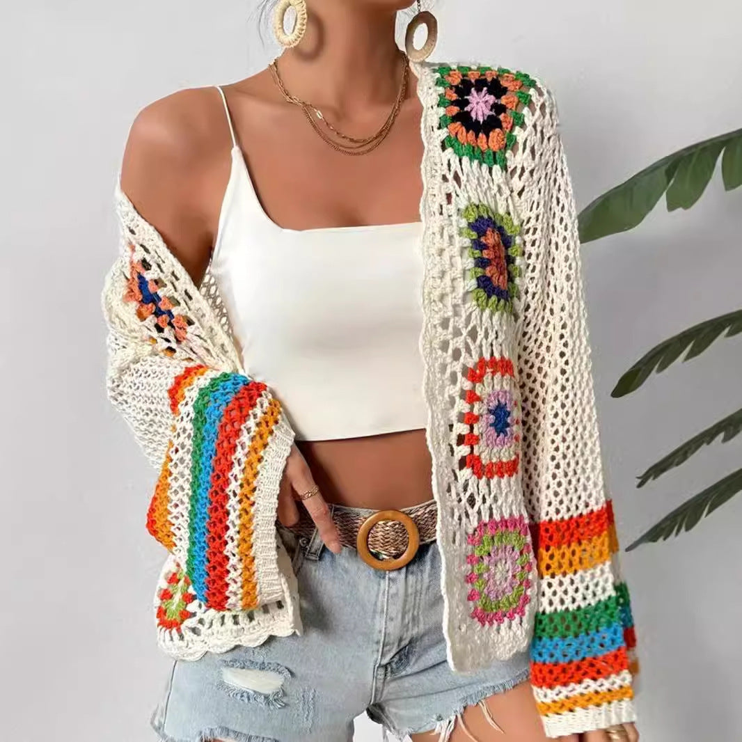 Crochet Handmade Plaid Rainbow Design Women's Cardigan Sweater