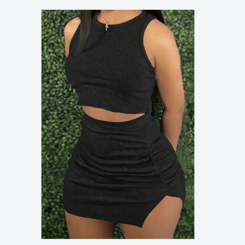 Ribbed Sleeveless Solid Color Crop Top + Bodycon High Slit Mini Skirt 2-Piece Set