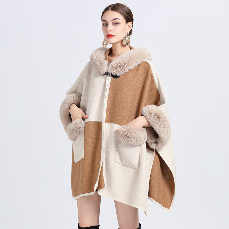 Colorblock Women's Faux Fur Collar Hooded Shawl Cape Coat