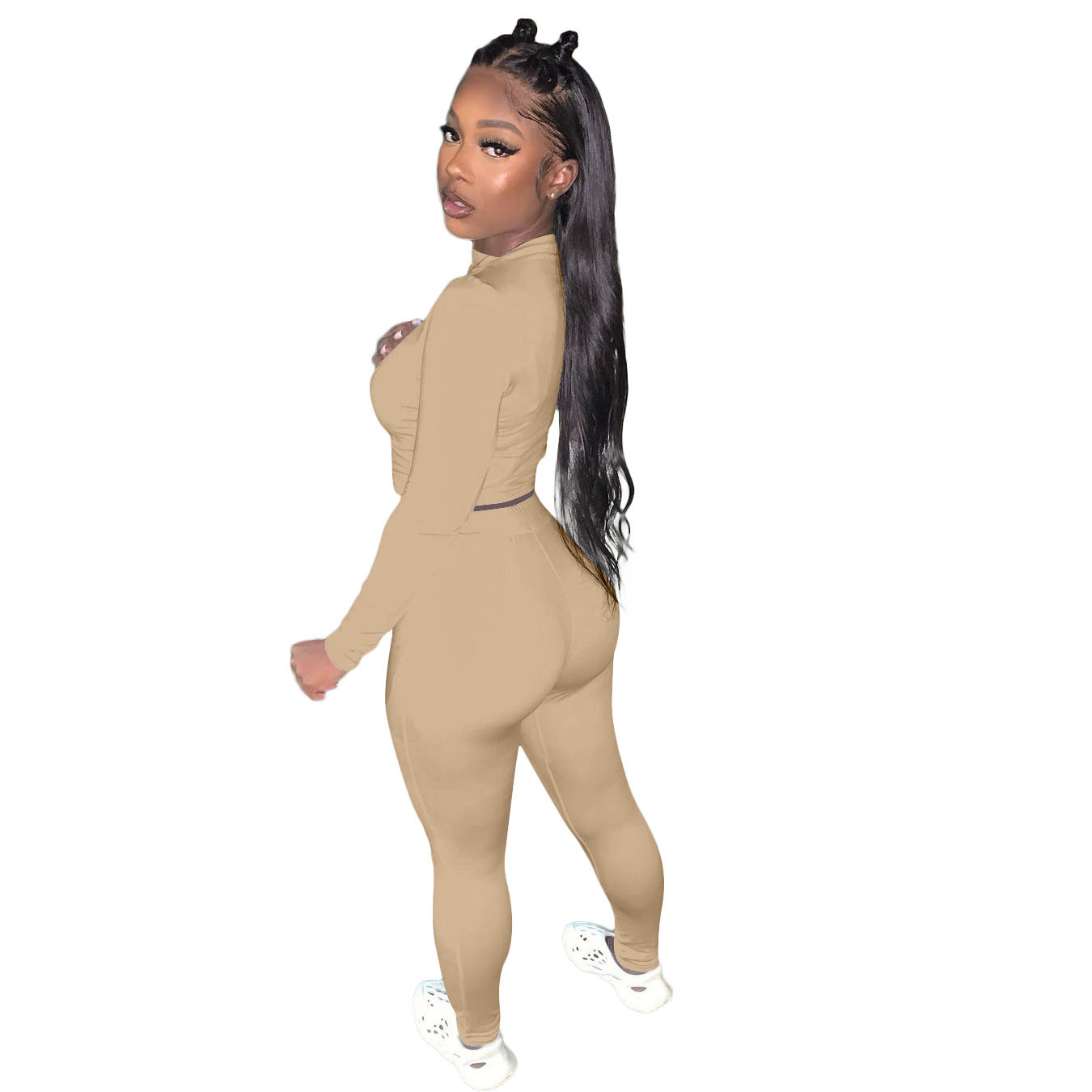 Long Sleeve Solid Color Women's Crop Top + Ruched Skin Tight Leggings 2-Piece Fitness Tracksuit