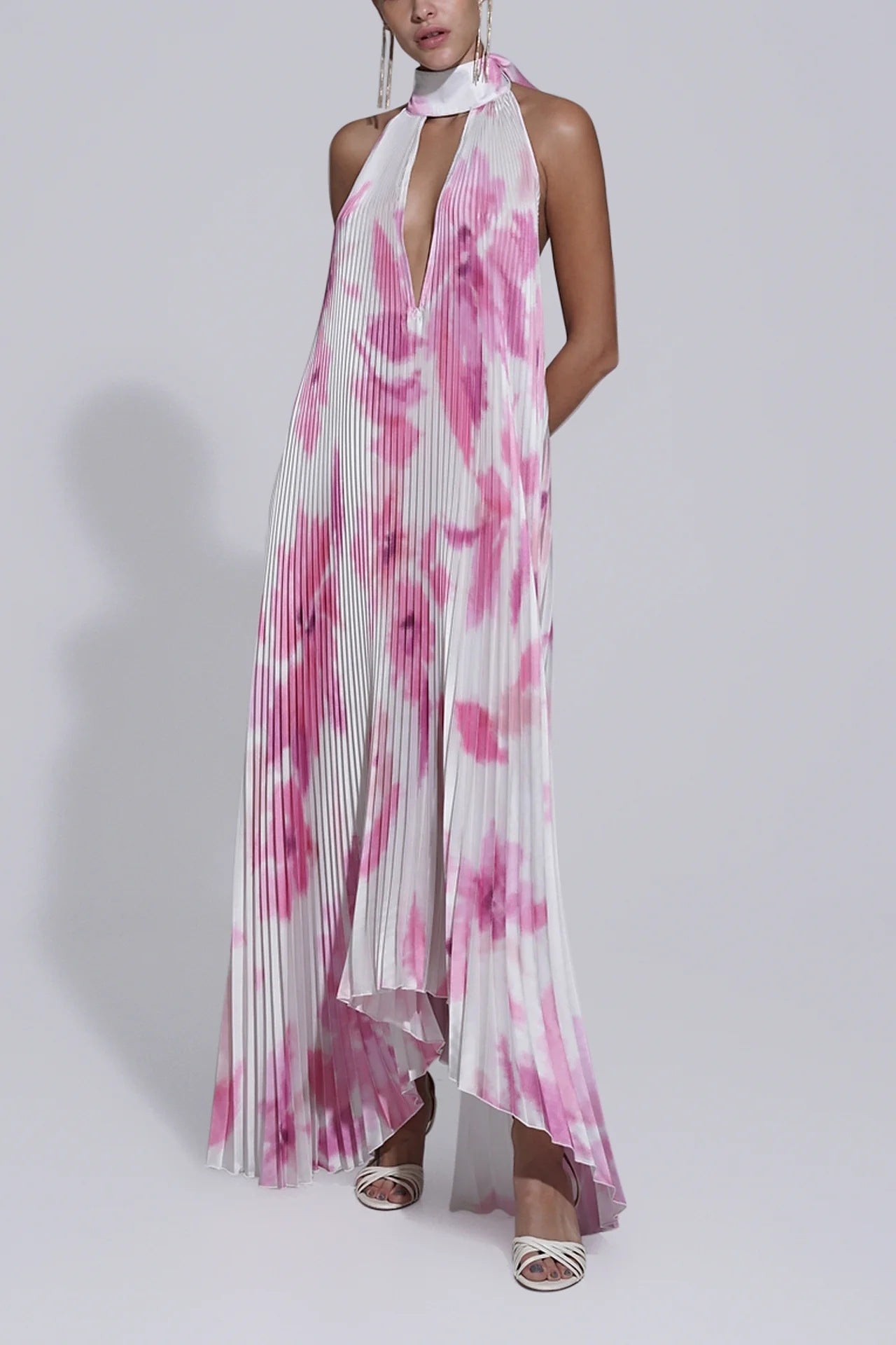 Floral Print Pleated Sleeveless Deep V-Neck Halter Backless Swing Maxi Dress