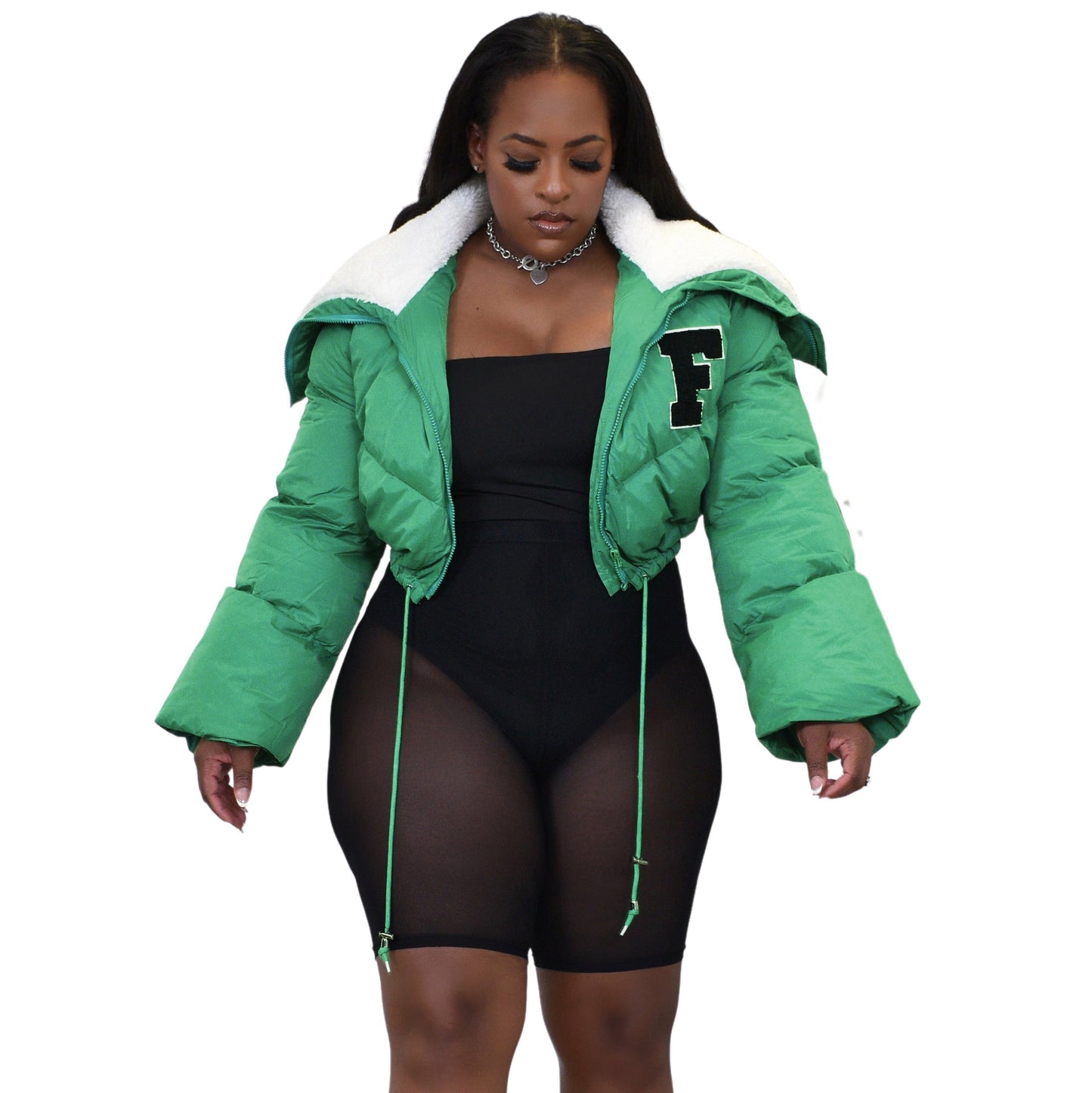 Ribbed Letter Print Embroidered Crop Women's Puffer Varsity Bomber Jacket