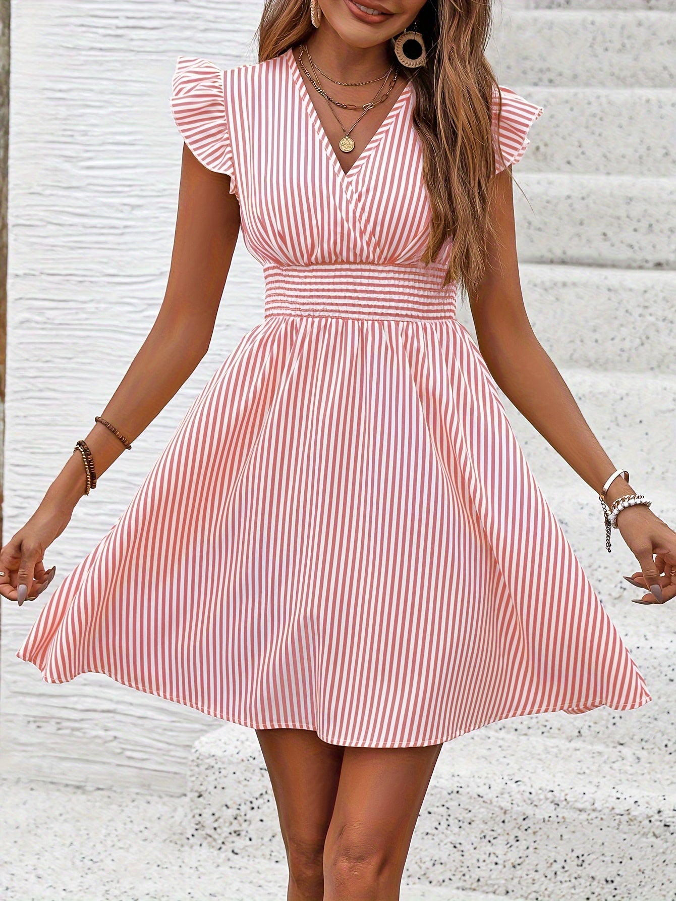 Striped Sleeveless V-Neck Elastic Waist Flared Midi Dress