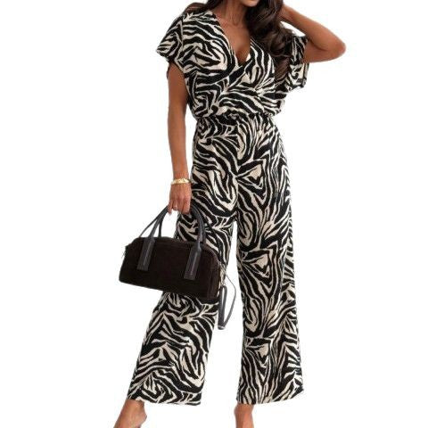 Leopard/Zebra Print Deep V-Neck Short Flounce Sleeve Women's Wide Leg Jumpsuit