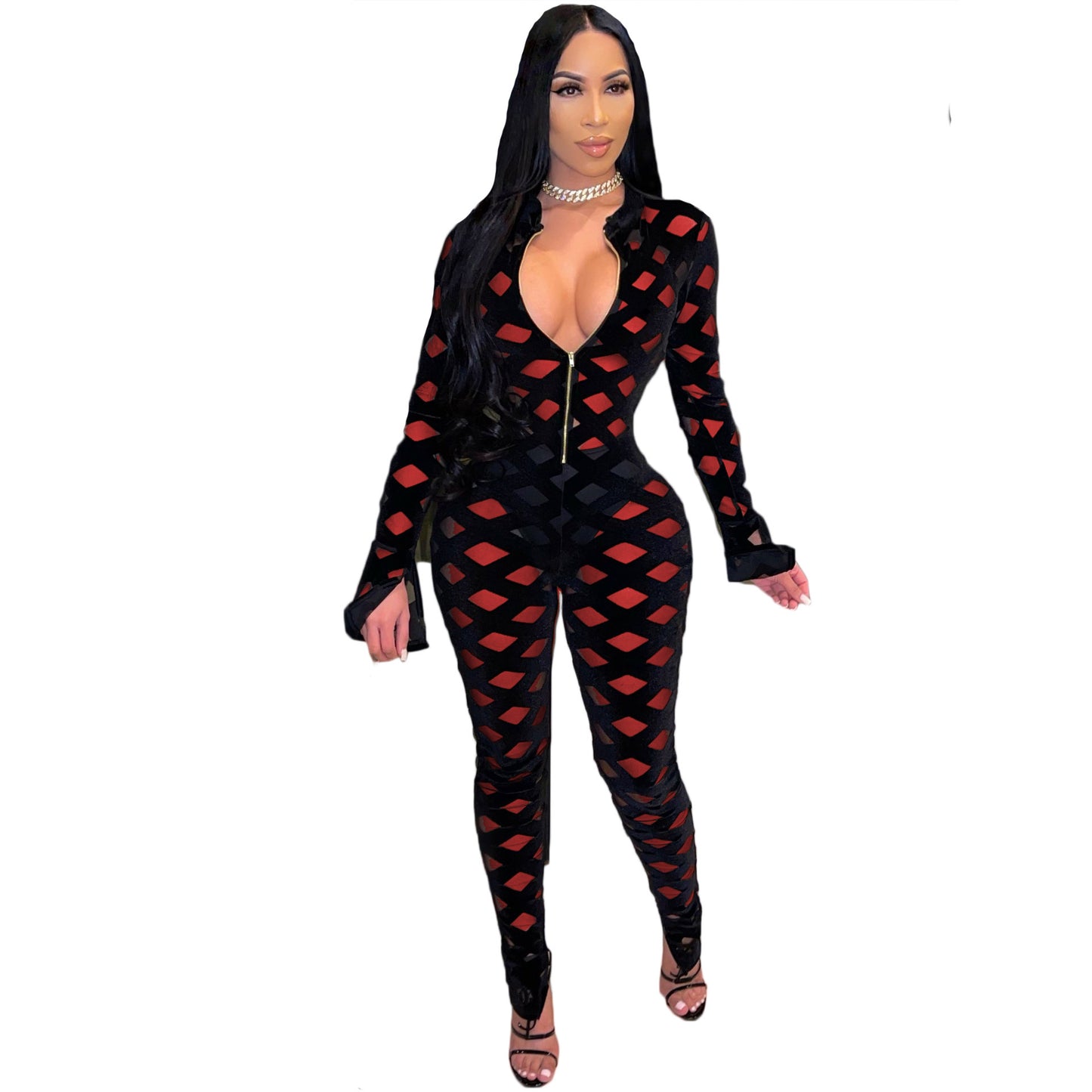 Mesh Sheer CrissCross Colorblock Pattern Women's Long Sleeve Deep V-Neck Skinny Women's Zipper Jumpsuit