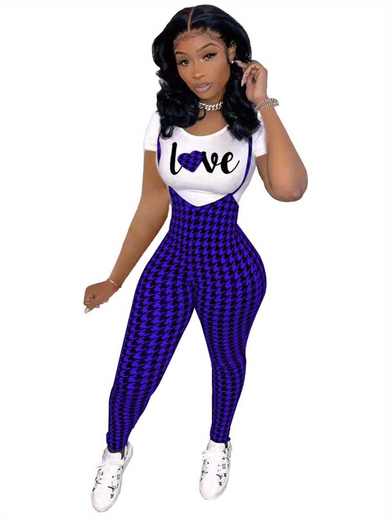 Sleeveless Houndstooth Plaid Print Cami Overalls Jumpsuit w/Love Heart Print T-Shirt Women's 2-Piece Set