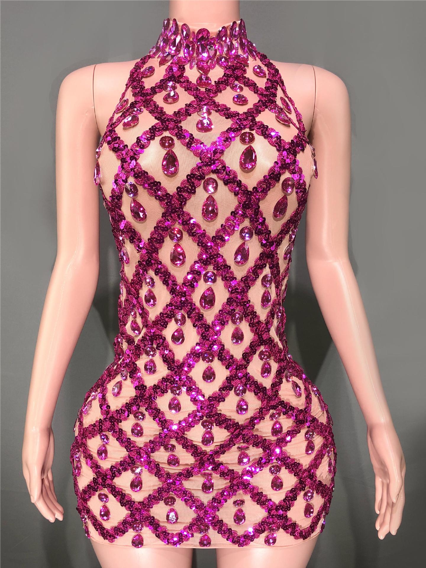 Diamond Sequin Mesh Geometric Hollow-Out Design Sleeveless Mini Zipper Back Formal Mini Dress