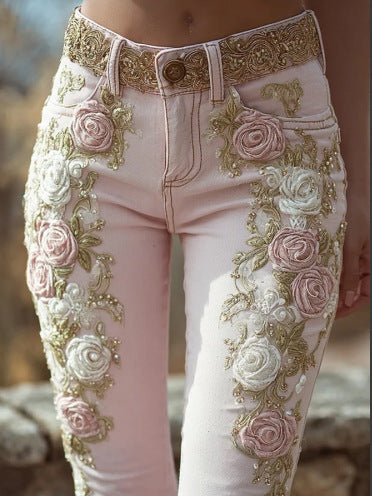 Soft Pink Vintage Rose Embroidered Print Women's Jeans to 3X Plus Size