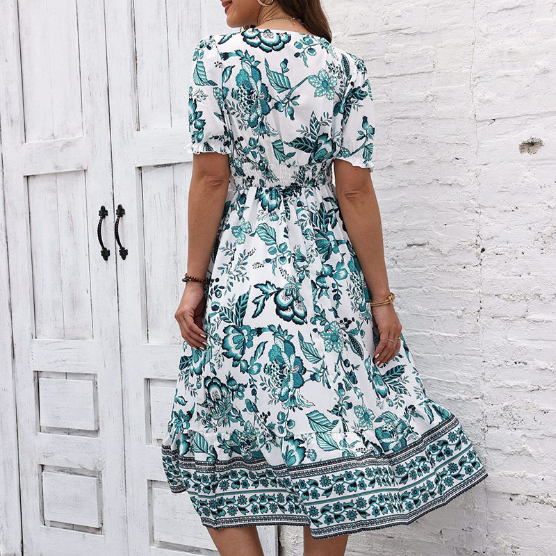 Floral Print Short Puff Sleeve V-Neck Bohemian Flowy Smocked Maxi Dress