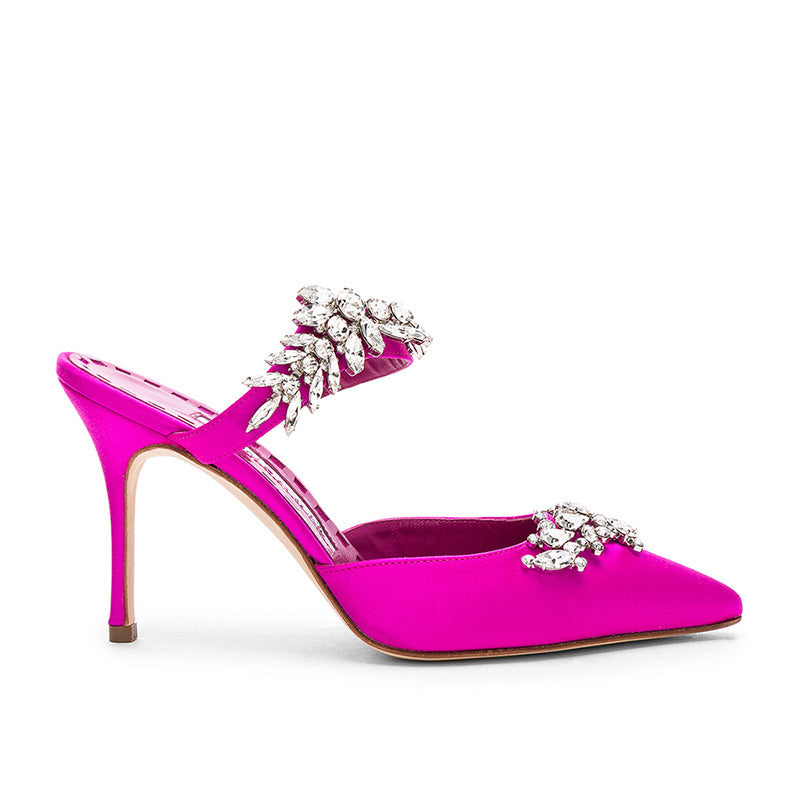 French Crystal Butterfly Rhinestone Strap Pointed Toe Stiletto Heel Mule Pumps