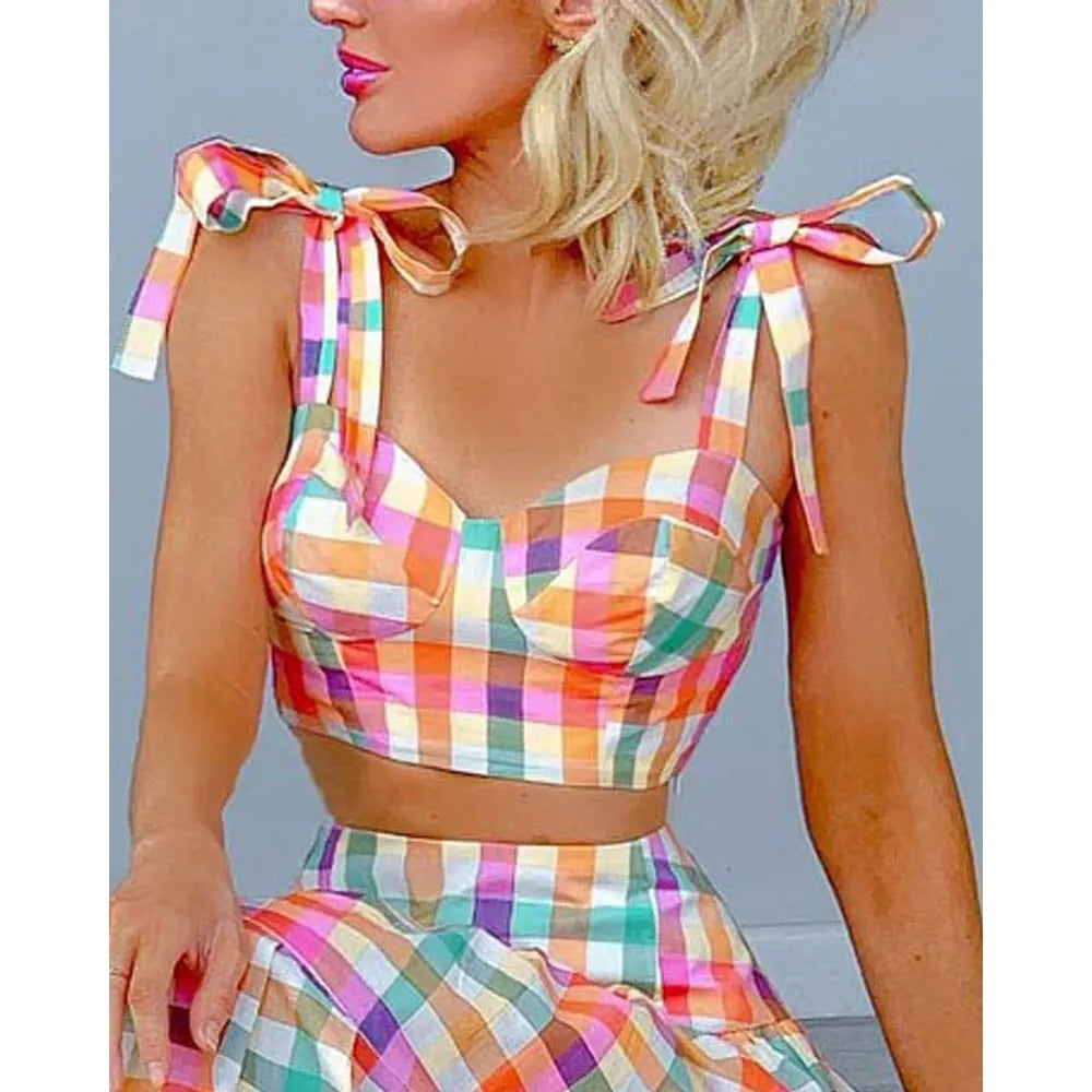 Pastel Plaid Checker Print Bowknot Strap V-Neck Crop Top + Tiered Maxi Skirt Women's 2-Piece Set