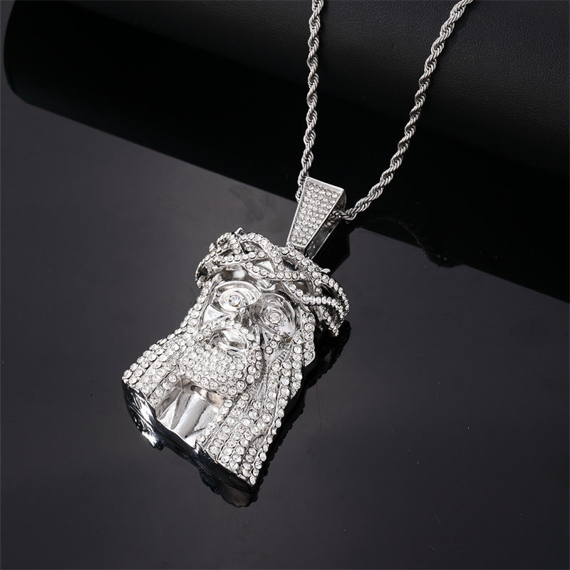 Jesus Piece Hip-Hop Iced Cubic Zirconia Gold Plated Pendant Micro Inlaid Rope Chain Necklace