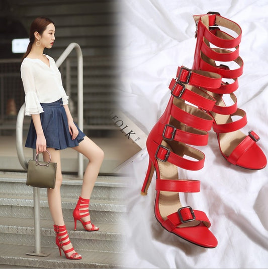 Open Toe Cross Strap Belt Buckle Design Women's Stiletto Heel Roman Sandle Ankle Boots