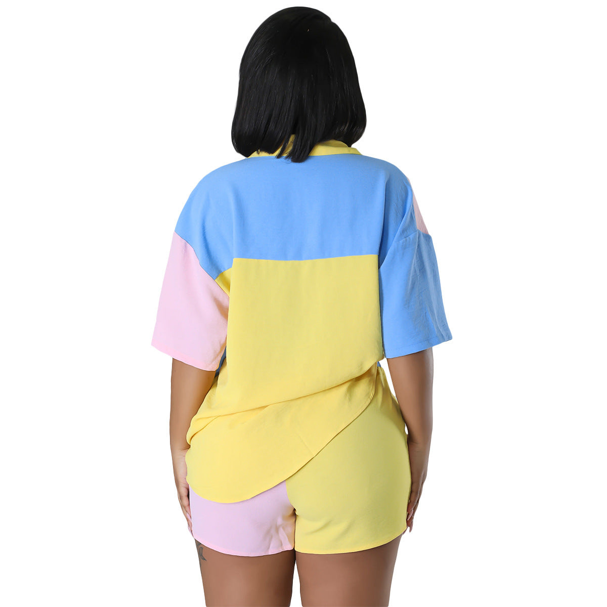 Colorblock Short Sleeve Button-Up Women's Blouse + Shorts 2-Piece Set