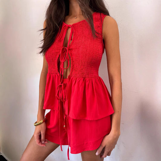 Leopard/Solid Color Print Lace-Up Sleeveless Backless Women's Top + High Waist Shorts 2-Piece Set