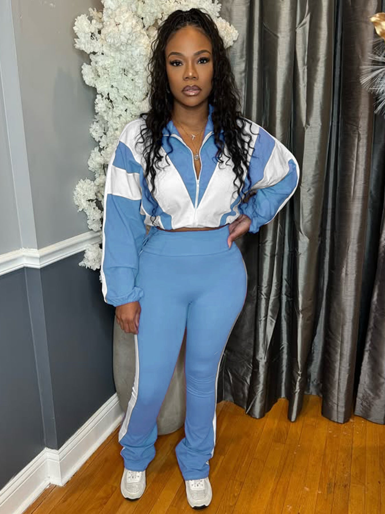 Colorblock Striped Women's Fitness Zipper Jacket+ Solid Sweatpants Tracksuit