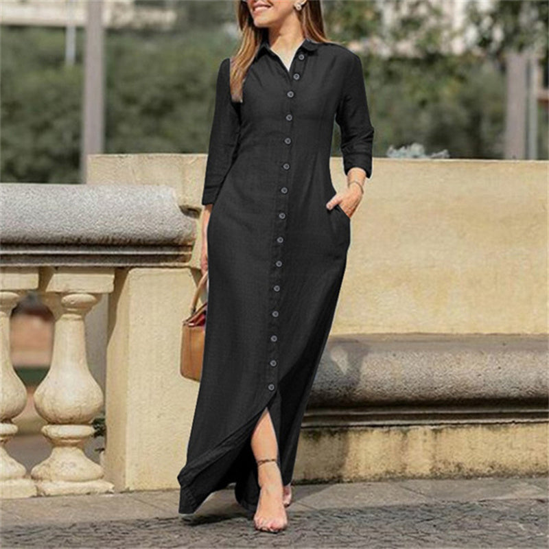 Denim Button-Up Long Sleeve Long Jean Pocket Dress to 5X Plus Size