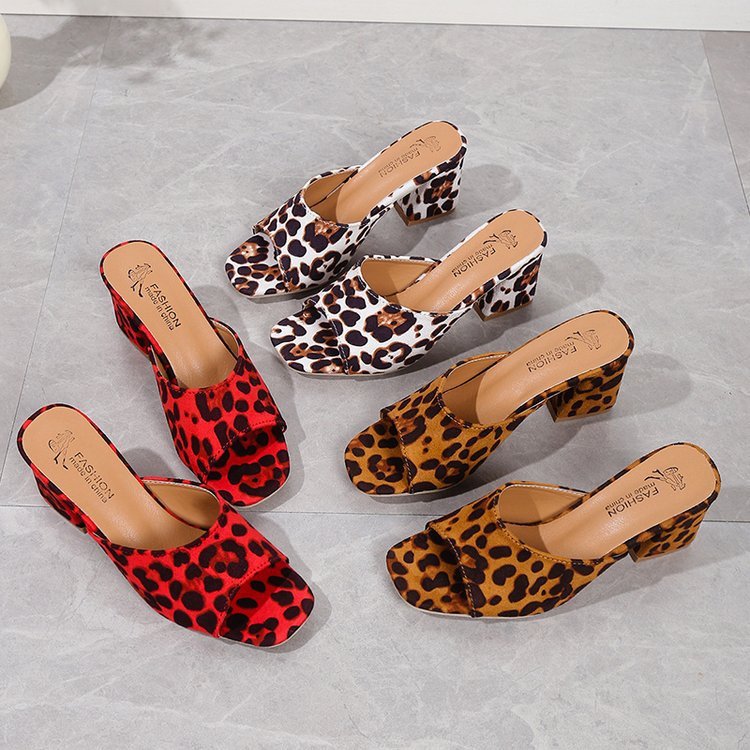 Leopard Print Open Toe Square Chunky Heel Women's Sandals
