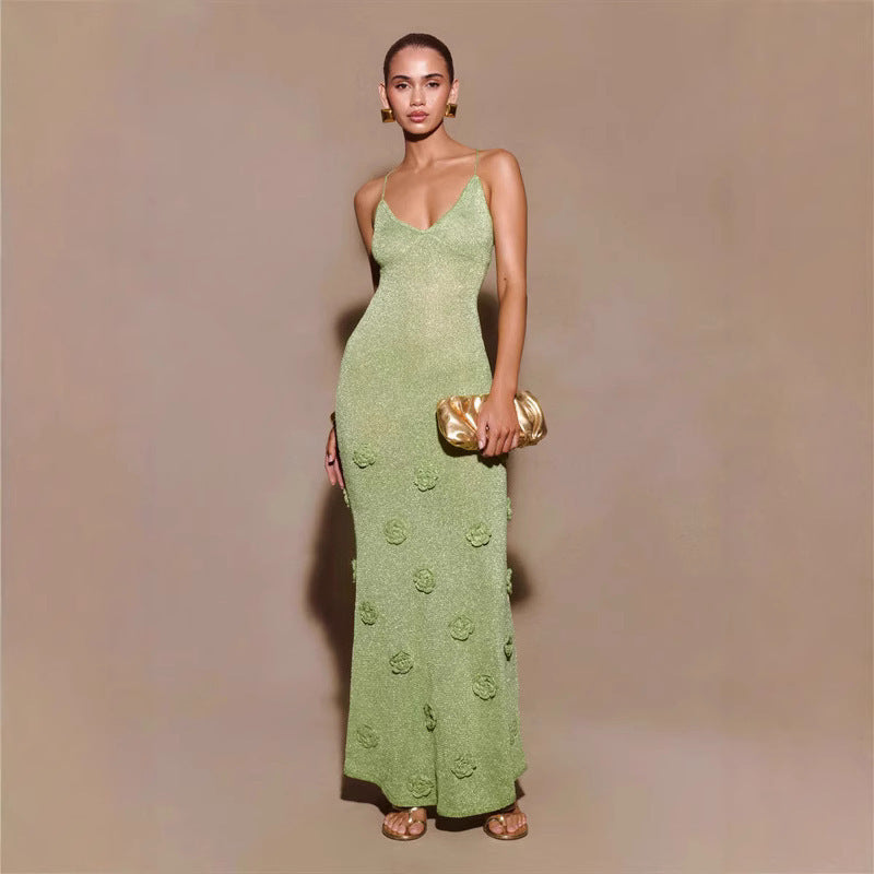 Knitted Crochet Flower Embroidered Glitter Sleeveless Spaghetti Strap Maxi Dress