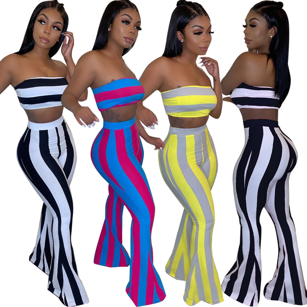 Striped Women's Crop Tube Top + Elastic Waist Bellbottom Leggings Women's 2-Piece Set