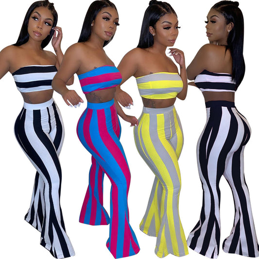 Striped Women's Crop Tube Top + Elastic Waist Bellbottom Leggings Women's 2-Piece Set