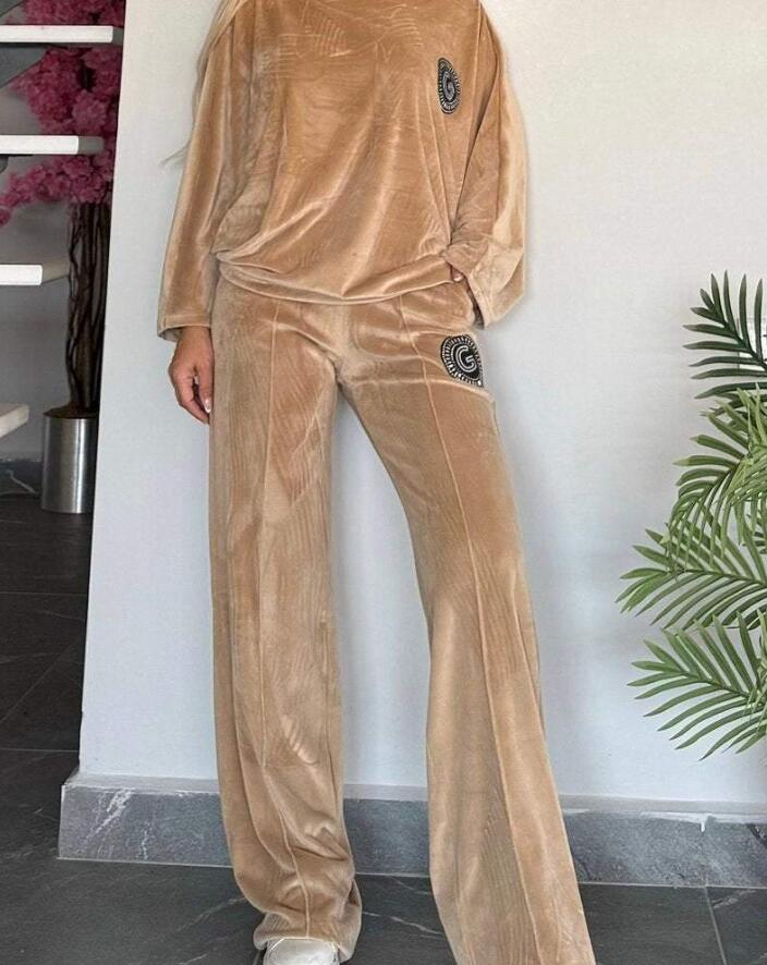 Velvet Solid Color O-Neck Long Batwing Sleeve Sweatshirt + Sweatpants Women Tracksuit to 3X Plus Size